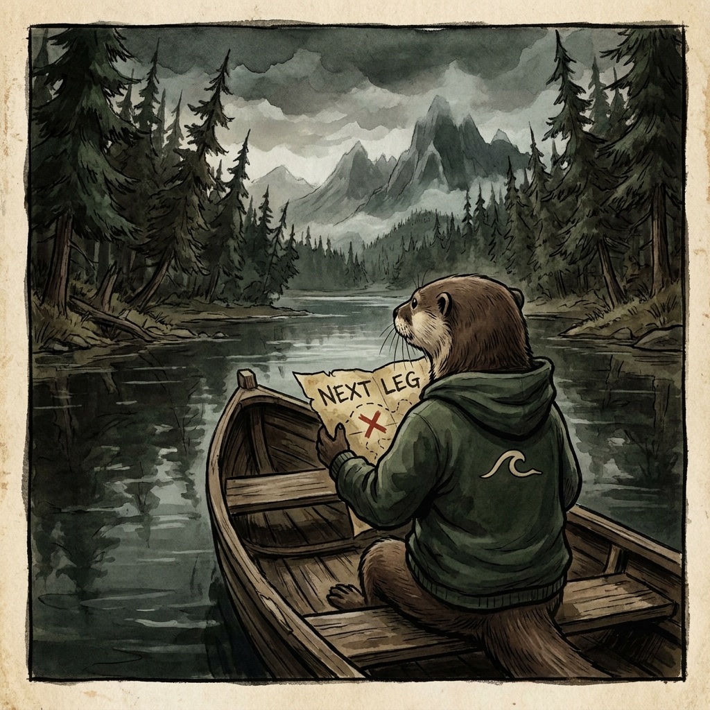 Otter in a rowboat studying a map of the next leg of the river