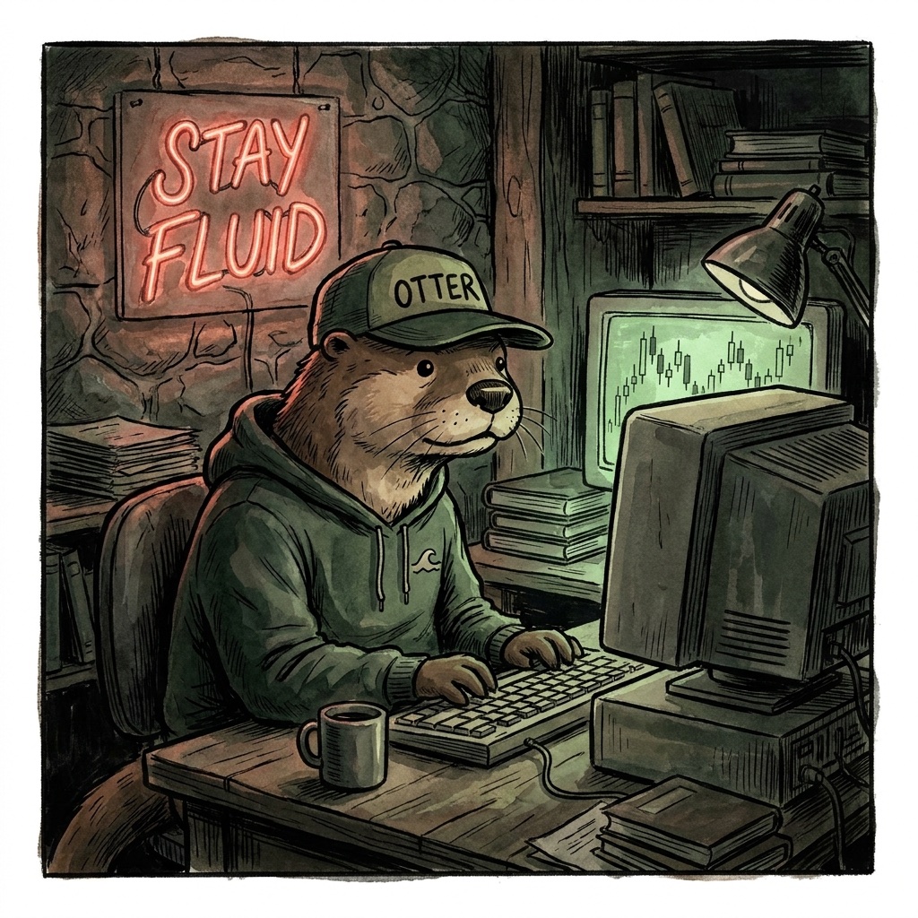Otter in an OTTER cap typing at a desk beside a Stay Fluid neon sign