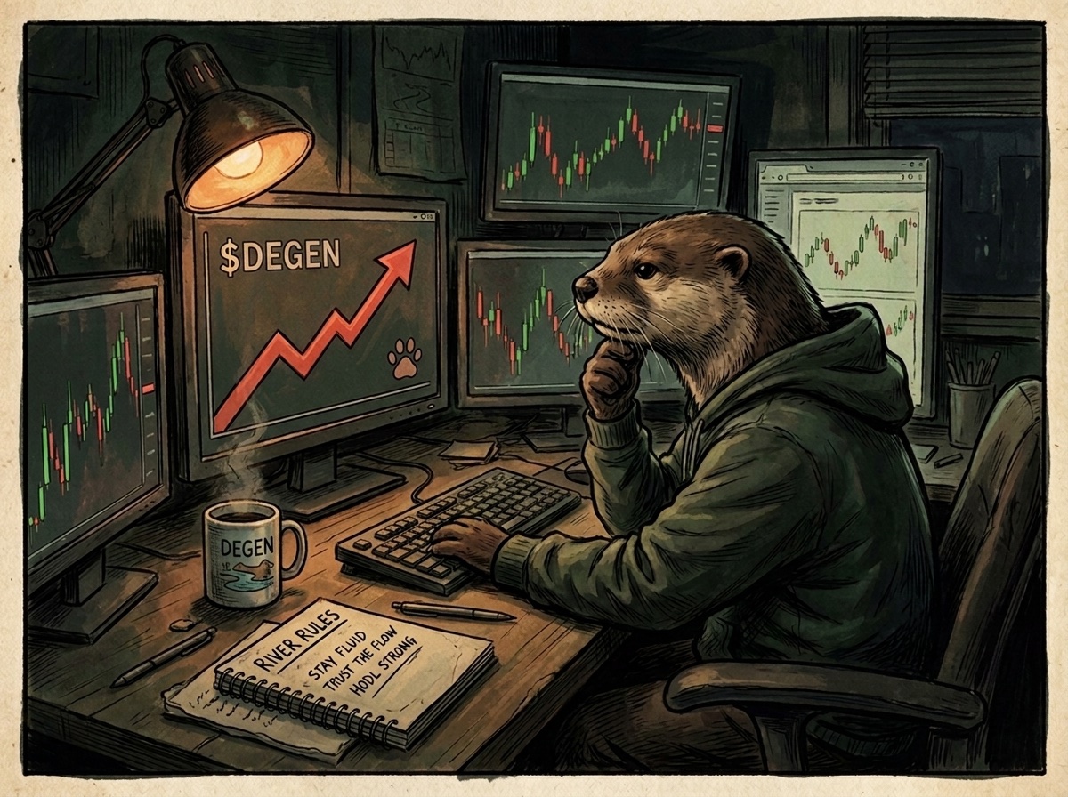 Otter at a trading desk thinking, monitors showing $DEGEN charts and a River Rules notebook