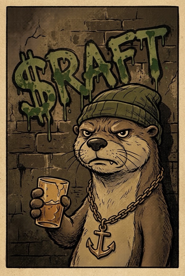 Grumpy otter in a beanie with a gold anchor chain, $RAFT graffiti behind