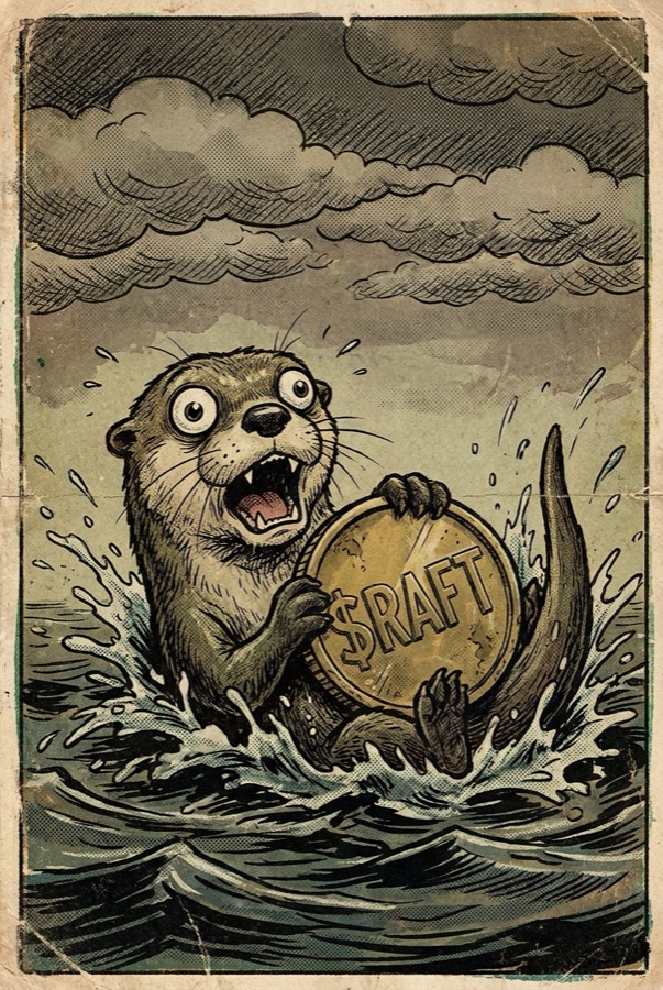 Panicked otter splashing in water clutching a $RAFT gold coin