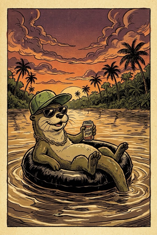 Chill otter in sunglasses floating in an inner tube at sunset