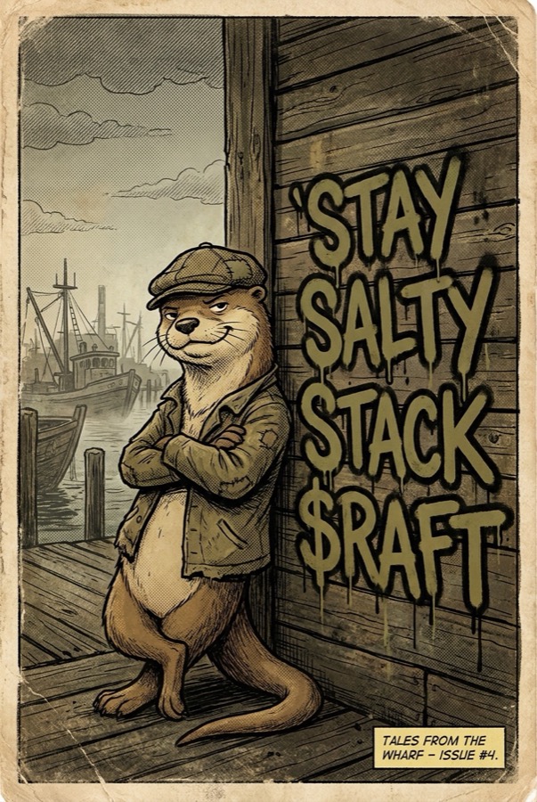 Smug otter beside Stay Salty Stack $RAFT graffiti