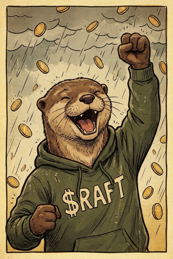 Laughing otter in a $RAFT hoodie as gold coins rain down