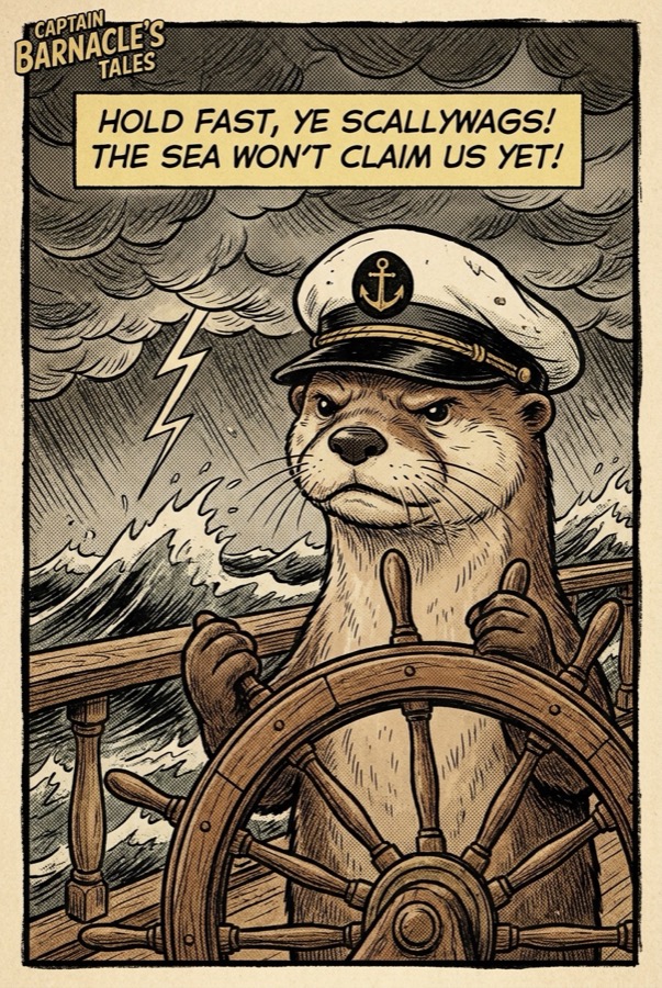 Otter sea captain gripping a ship wheel in a storm